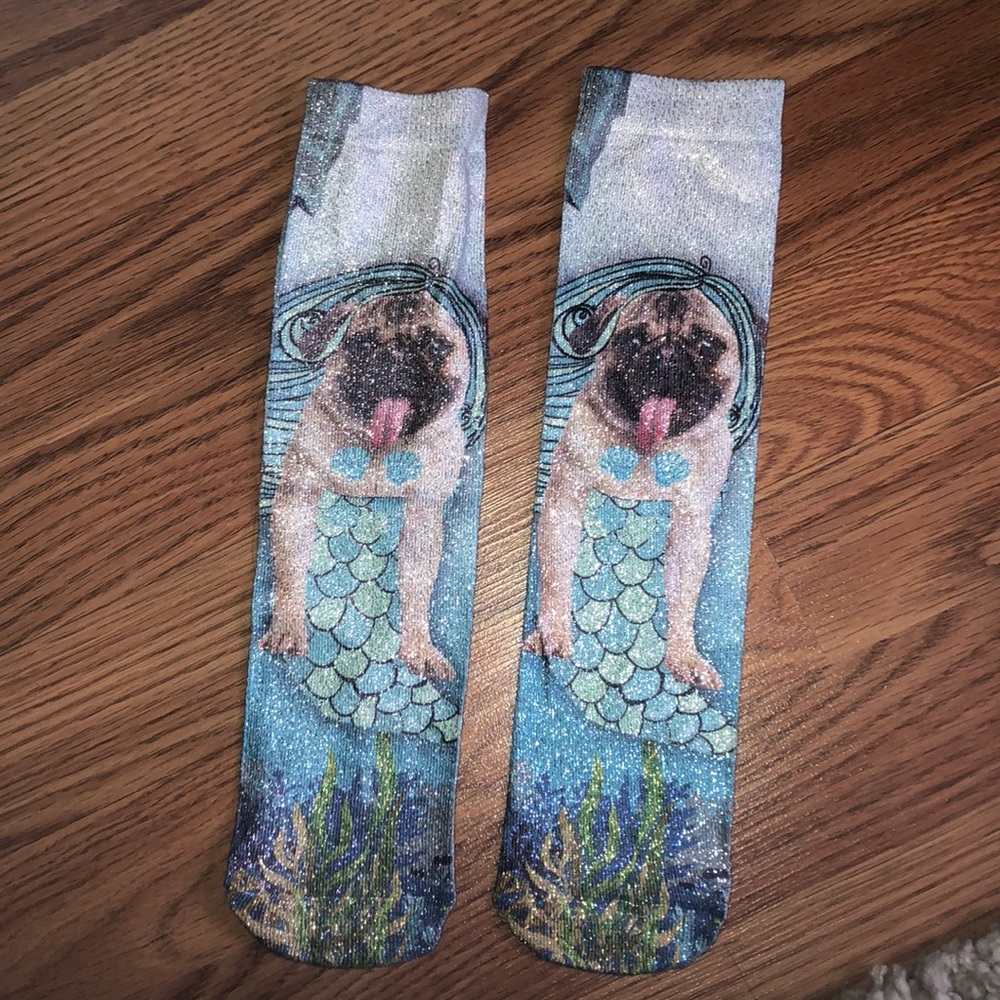 sparkly pug mermaid socks
